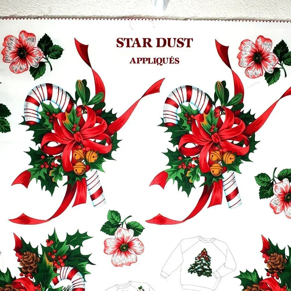 Vintage Christmas Star Dust Appliqués Fabric Panel By Cranston Print Works
